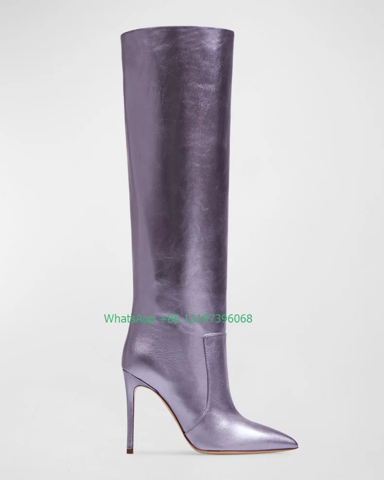 Lady leather purple color pointed toe design knee boots stiletto heel dress boots fall solid footwear boots causal party boots