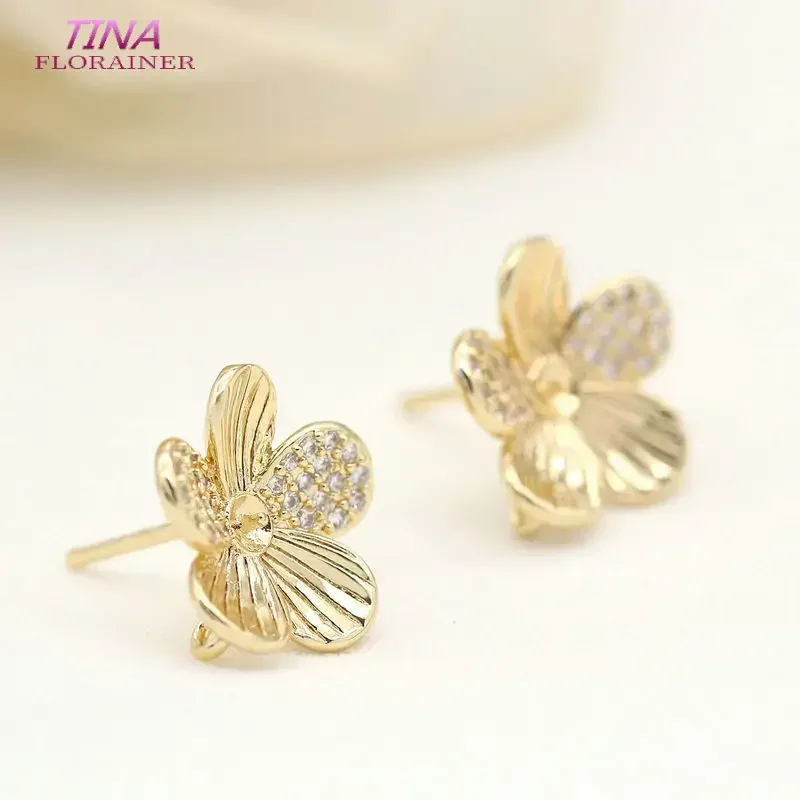 13MM 14K Gold Color Plated Brass and Zircon Flower Stud Earrings Sterling Silver Pins Earrings DIY Jewelry Making Accessories