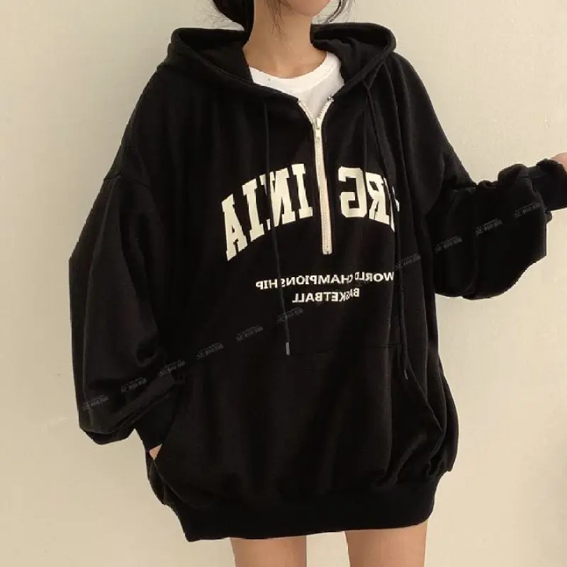 Zipper Hoodie 2024 Women Loose Top Autumn Winter Coat French Fashion Letter Print Pullovers Harajuku Y2K Sweatshirt