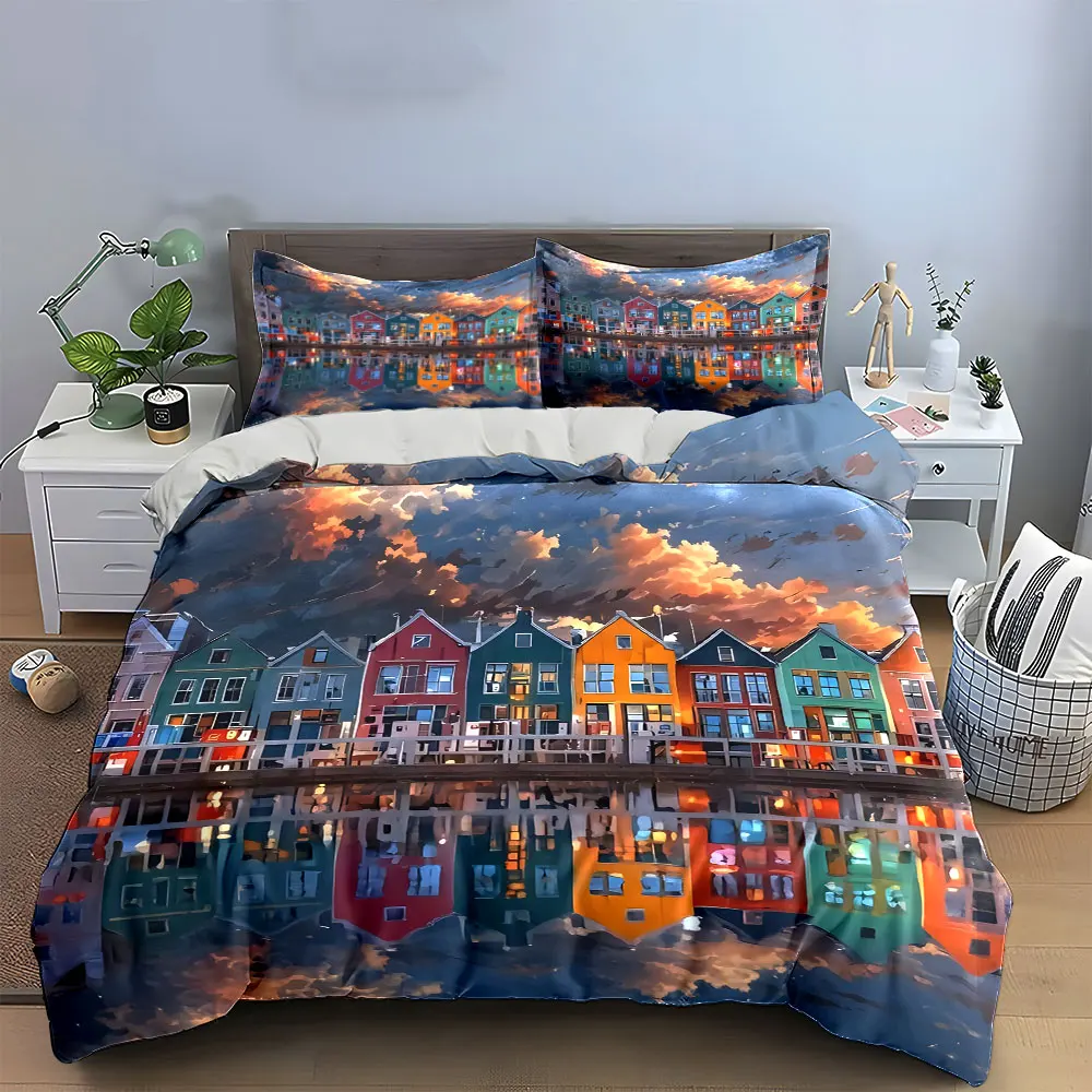 3Pcs Colorful Dutch Houses Bedding Set, Vibrant Canal Houses with Water Reflections Print Duvet Cover+ 2 Pillowcases,bed Decor