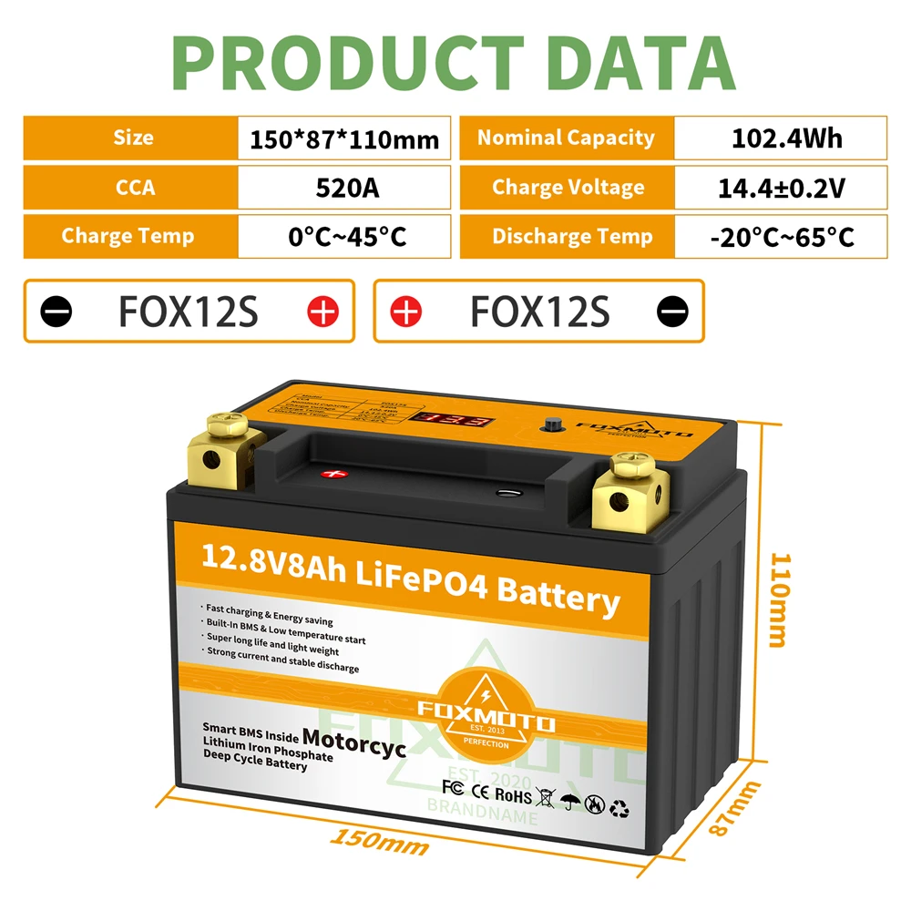 FOX12S 12.8V 102.4Wh CCA 520A BMS Motorcycle Start Battery 12.8V Lithium iron Phosphate Scooter LiFePO4 Batteries YTX12S