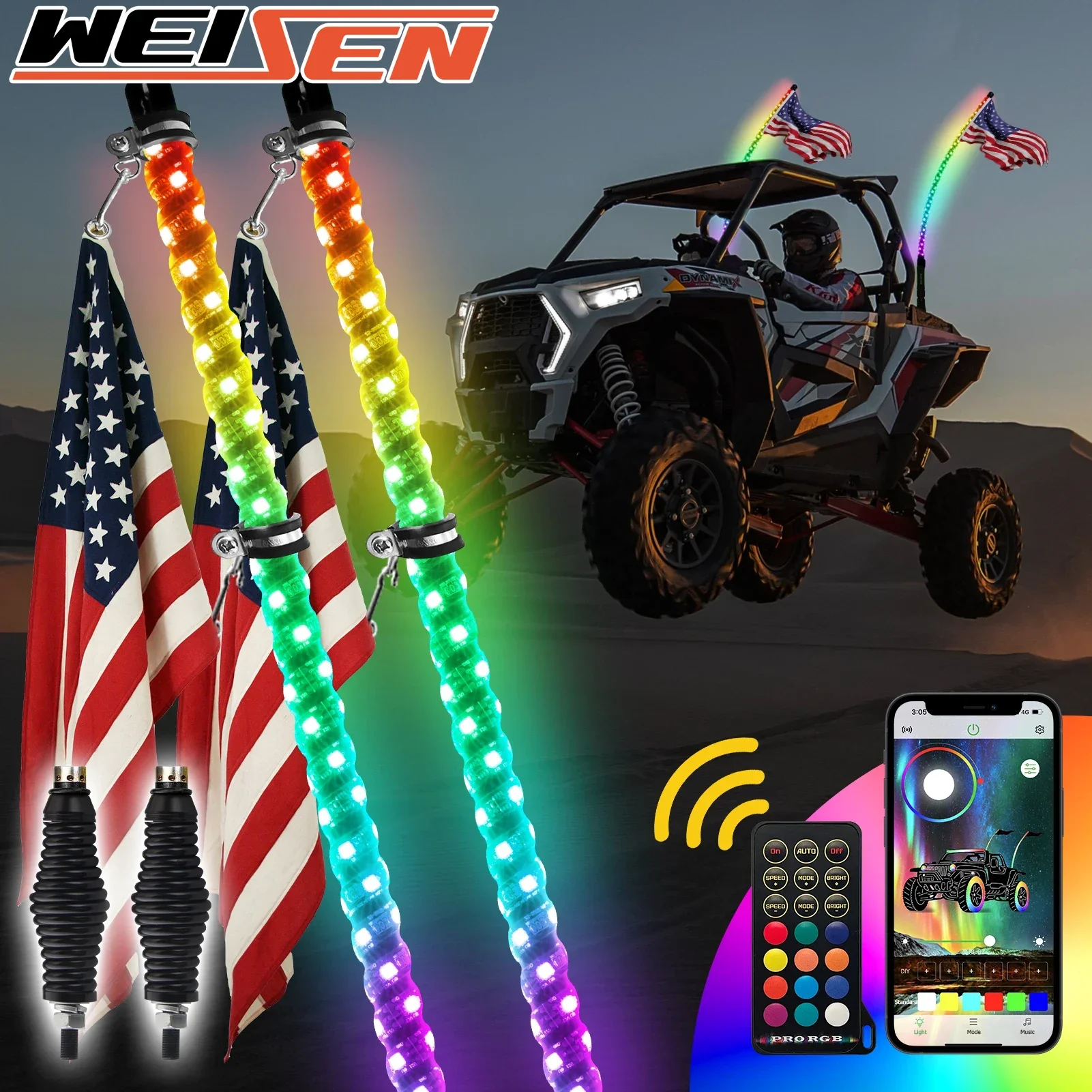 

Universal 3FT RGB LED Whip Light Spiral Whip Antenna w/Flag & Remote For ATV,Polaris,RZR,UTV,Boat,Car,Golf Cart,Truck, SUV