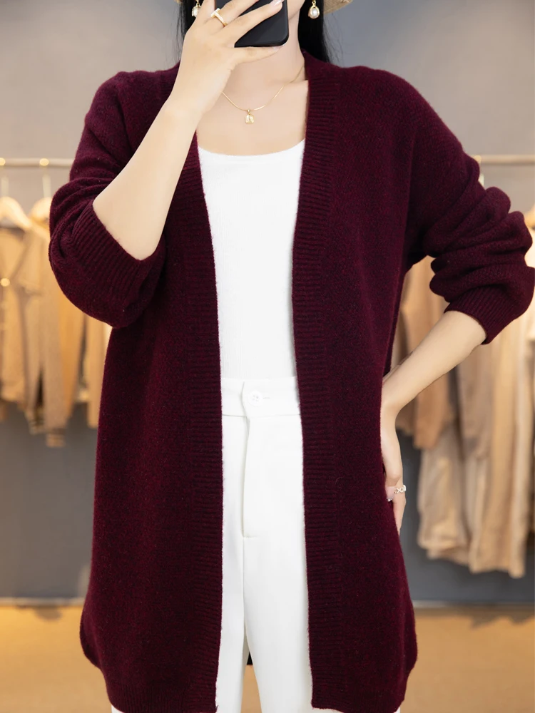 ADE-WhatsApp-Cardigan long en cachemire pour femme, pull décontracté, manteau de style adt, tricots 100% laine mérinos, mode coréenne, automne, hiver