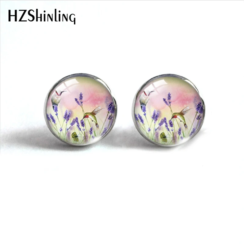 New Fashion Flower Humming Bird Paintings Glass Stud Earring Lovely Birds and Flowers Jewelry Earrings