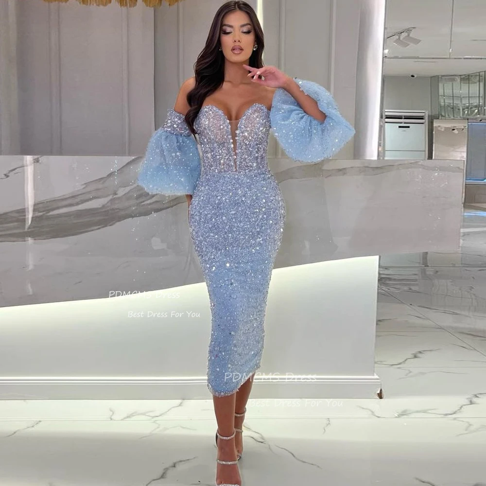 

Sparkly Light Blue Beads Evening Dresses Luxury Dubai Short Party Gowns Detachable Sleeves Sweetheart Ankle Length Prom Dress