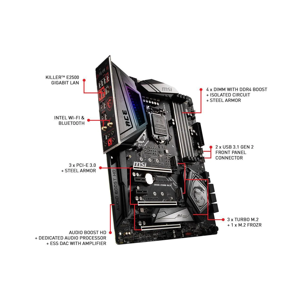 MSI New Motherboard MEG Z390 ACE LGA 1151 Intel Z390 DDR4 USB 3.1 Gen2 128GB M.2 Double Channel Socket ATX SATA 6Gb/s PCIe 3.0