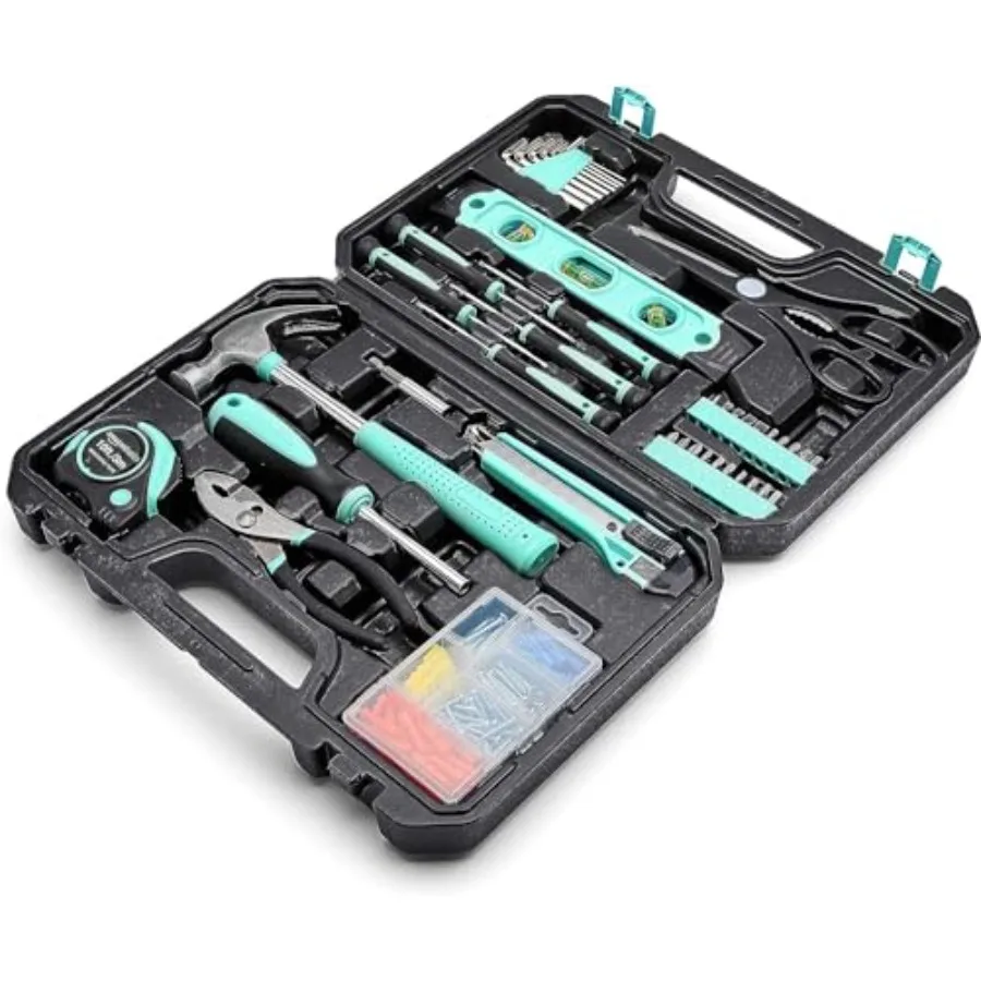 

Home repair tool kit: 142-piece hand tools in turquoise ABS plastic storage case, 13.39 x 9.25 x 2.95 inch, durable and organiz