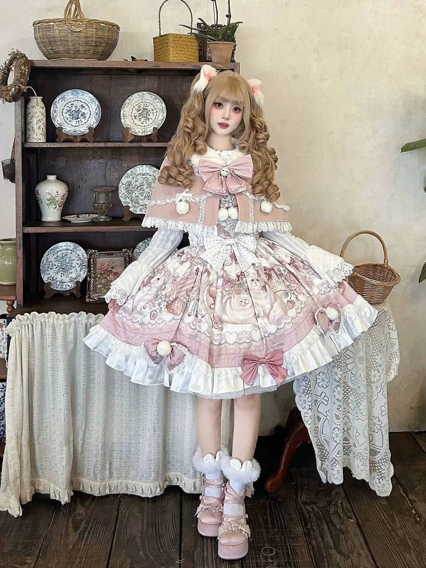 

New Lolita Dessert Kitty Girl Christmas Cloak Cute Fur Ball Princess Dress Fiesta Carnival Halloween Cos Cosplay Pink