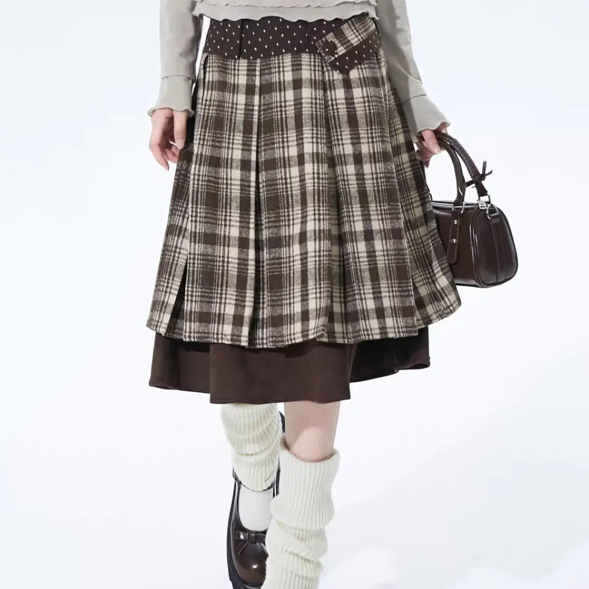 

Японский студенческий стиль, коричневая клетчатая ретро-косая юбка с высокой талией, осень