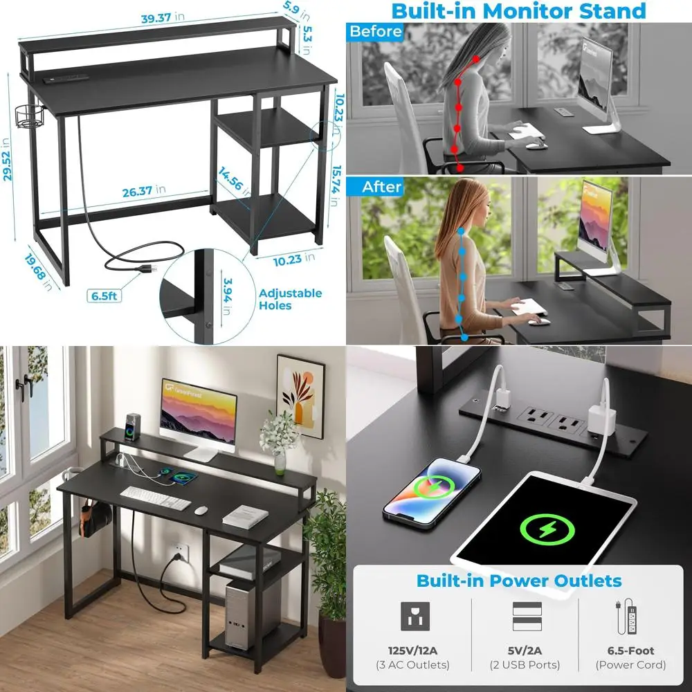 

Ergonomic 40 Black Home Office Desk with Power Outlets, Monitor Stand & Reversible Gaming Surface