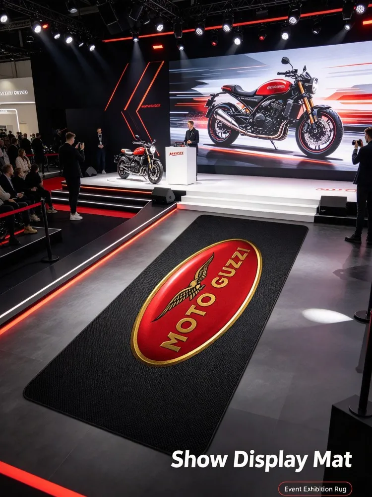 VIKAMA Black Motorcycle Display Floor Mat Moto Guzzi Style Red Gold Eagle Logo Rug for Showroom Workshop Garage Exhibition Loung