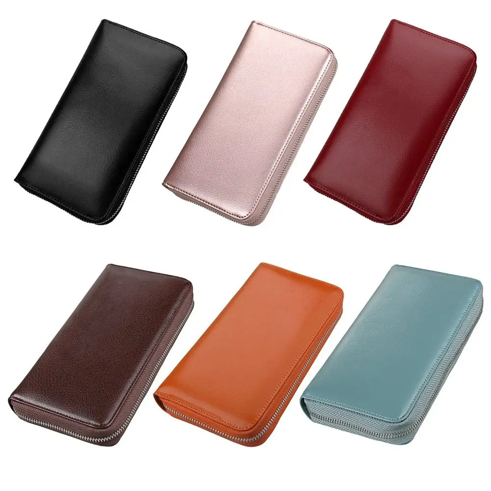 Large Capacity Genuine Leather Wallet Multiple Slots Multi-Card Credit Card Holder Zippered Accordion Design Card Storage Bag