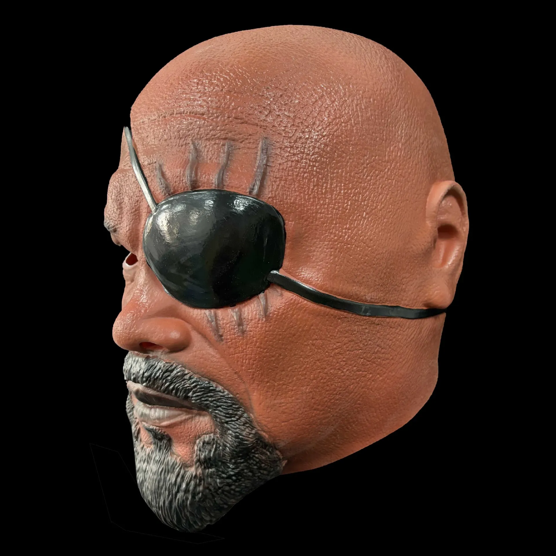 Realistische Glatzkopf-Latexmaske mit Augenklappe, bärtige Narben-Gesichtsmaske für Erwachsene, Halloween-Cosplay-Maskerade-Party-Requisiten – Detail 3