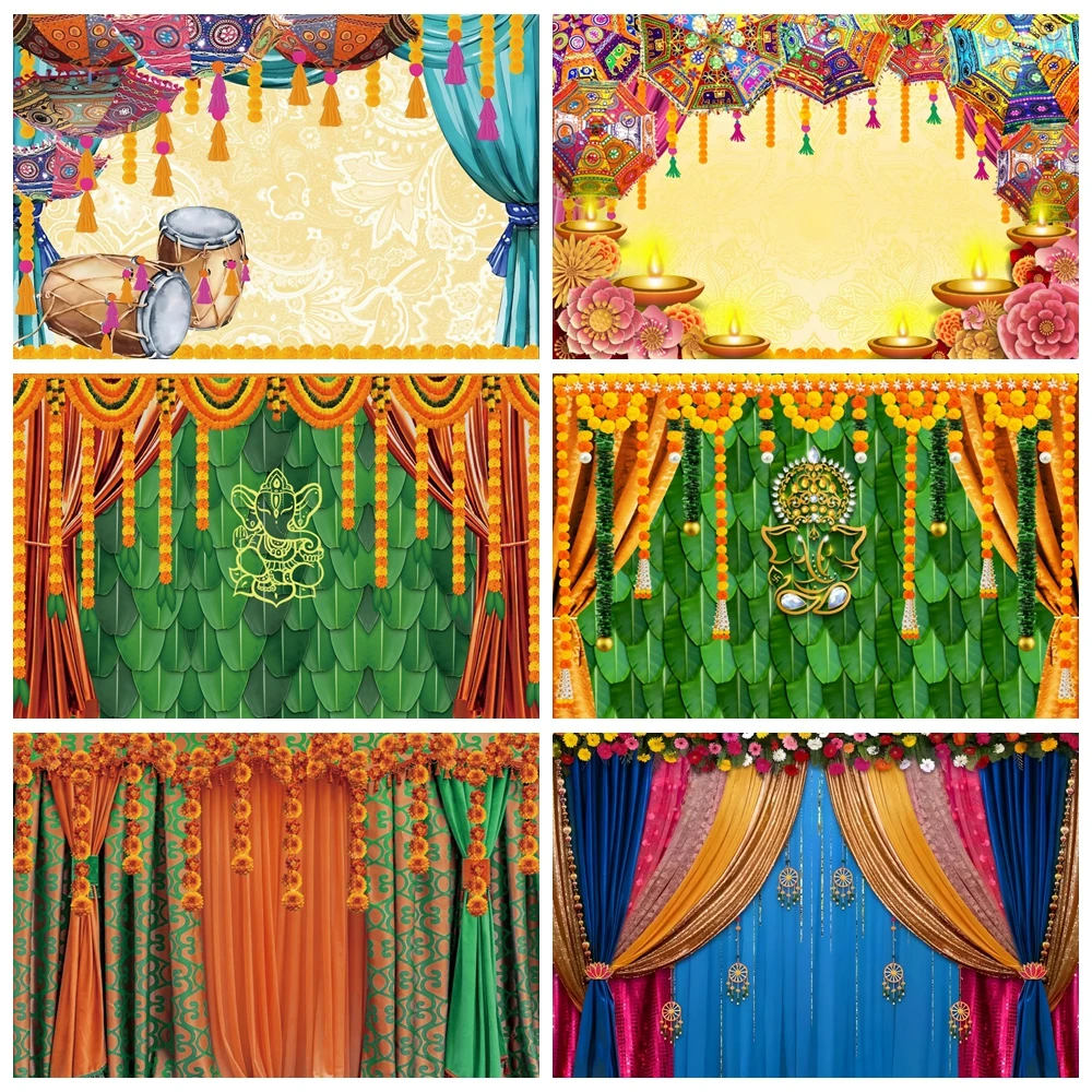 

India Pooja Traditional Party Backdrop Marigold Green Banana Leaves Chatiya Ganesh Puja Ganpati Wedding Decor Photo Background