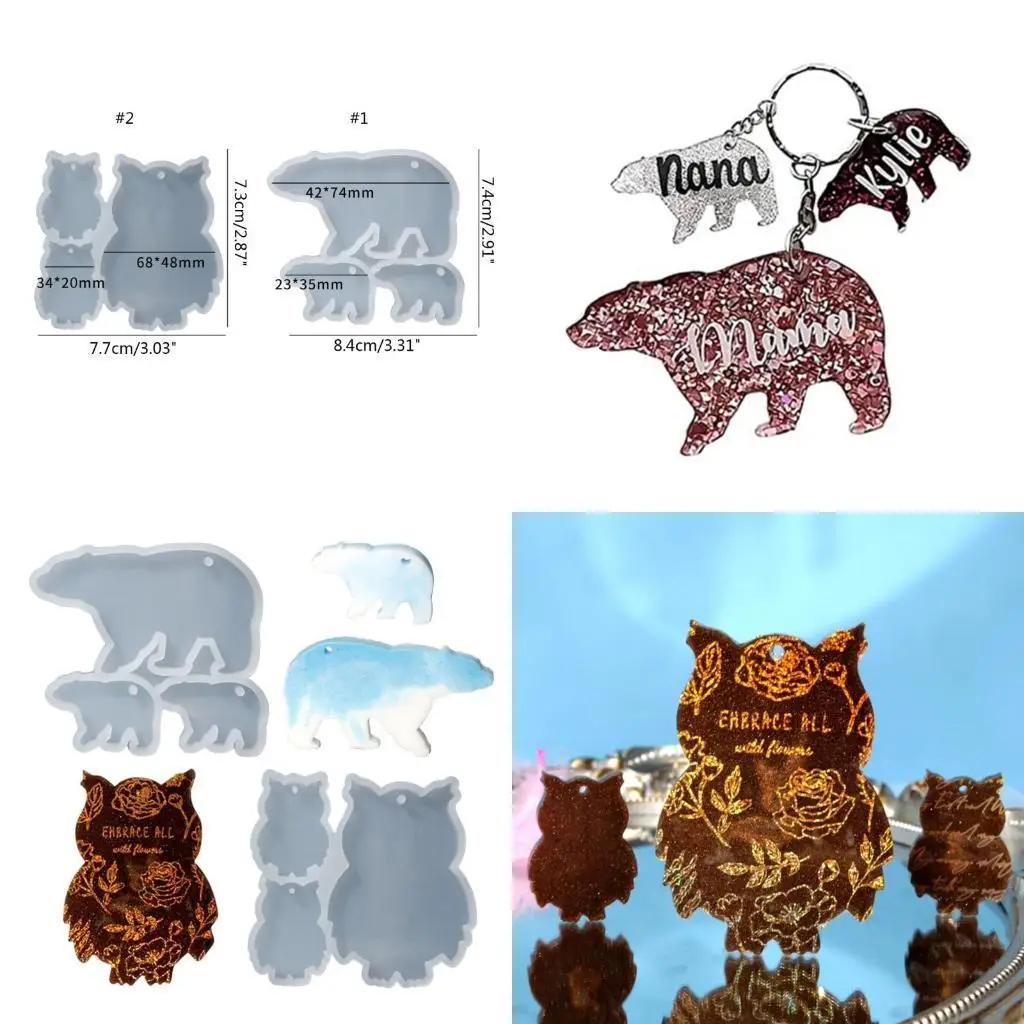 

31BB Shiny Glossy Silicone Resin Molds Bear Owl Keychain Mold DIY Pendant Ornaments Jewelry Epoxy Resin Crafting Molds