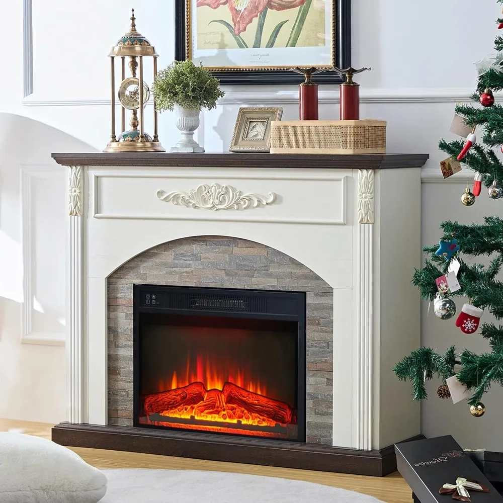 

44Inch Electric Fireplace with Mantel, Fireplace Mantel with Stacked Stone Surround, Freestanding Fireplace Heater LED Flame