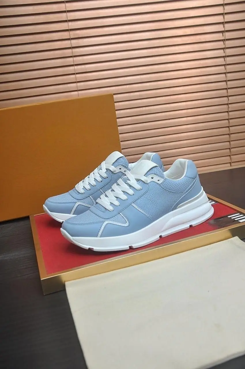 Unisex Light Blue Chunky Sneakers Mesh Faux Leather Splicing Lace Up Thick Sole Casual Walking Shoes