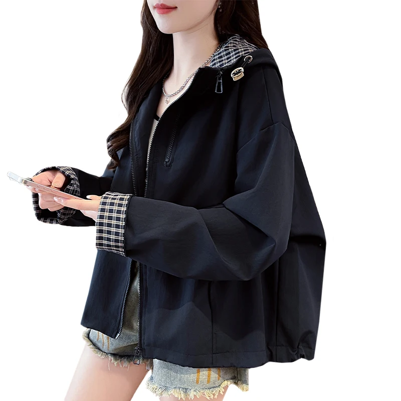 

Fashion Hooded Color Matching Coat Women's Spring Autumn New Loose Casual Small Short Trench Jacket