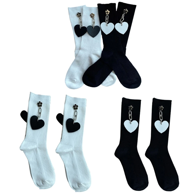 2 Pairs Women Gothic Punk Cotton Crew Socks Harajuku Love Heart Pendant Chain Japanese Style  Mid Tube Stockings