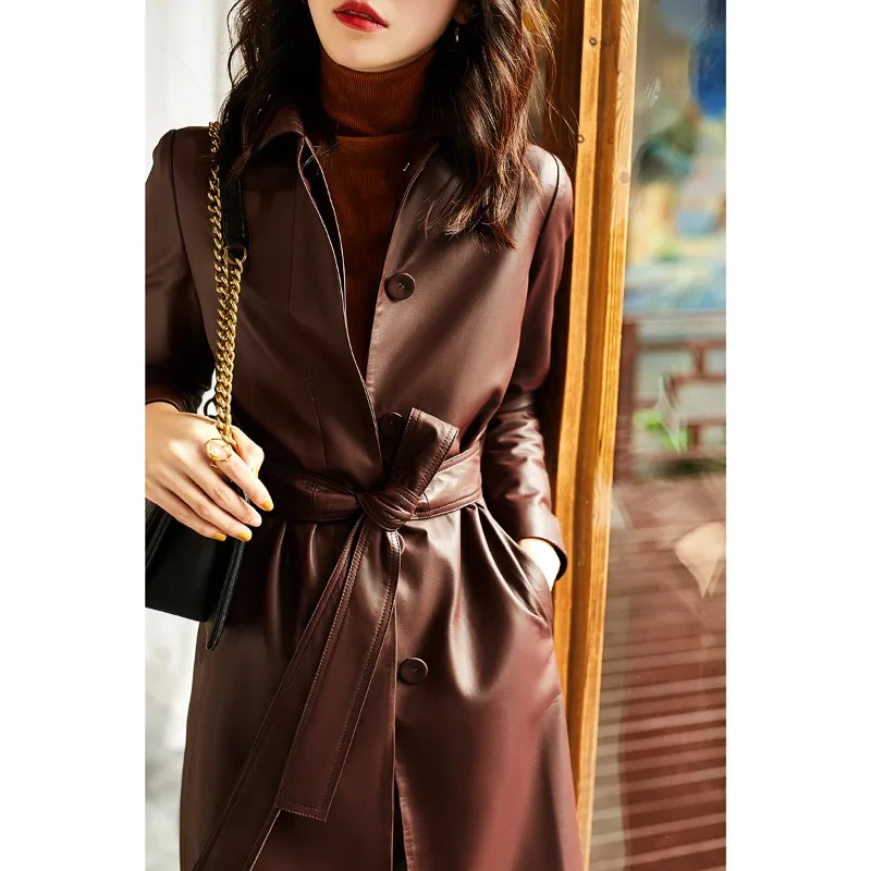 New in Jackets Genuine Leather Sheepskin Jacket Long Styles Lace Up Single Breasted Lapels Tops Spring Autumn Women's Jackets