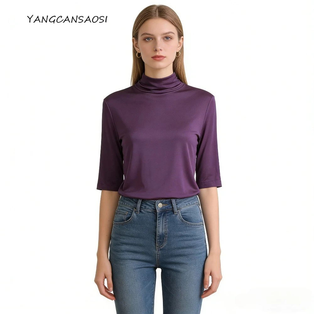 

2026 Women's Spring/Summer Clothing 100% Natural Mulberry Silk (Knitted) Basic Solid Half High Neck Half Sleeve Bottom Shirt