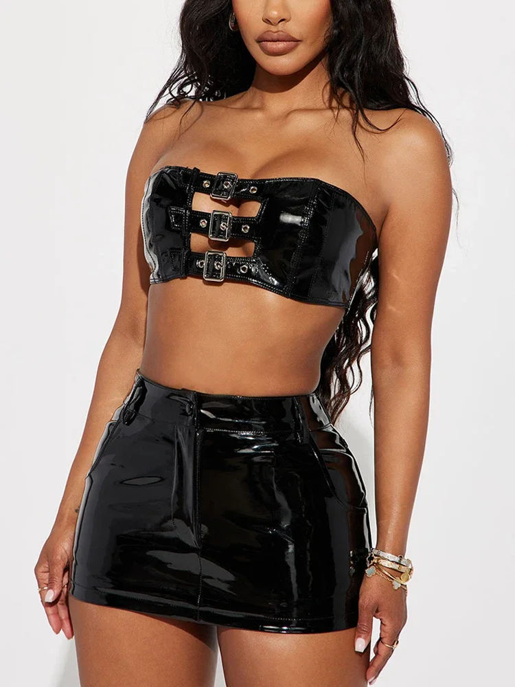 

Gothic Shiny Patent Leather Strapless Crop Tube Top Mini Skirt Set Women Sexy Faux Latex Short Camisole Hot Skirt Suit Custom