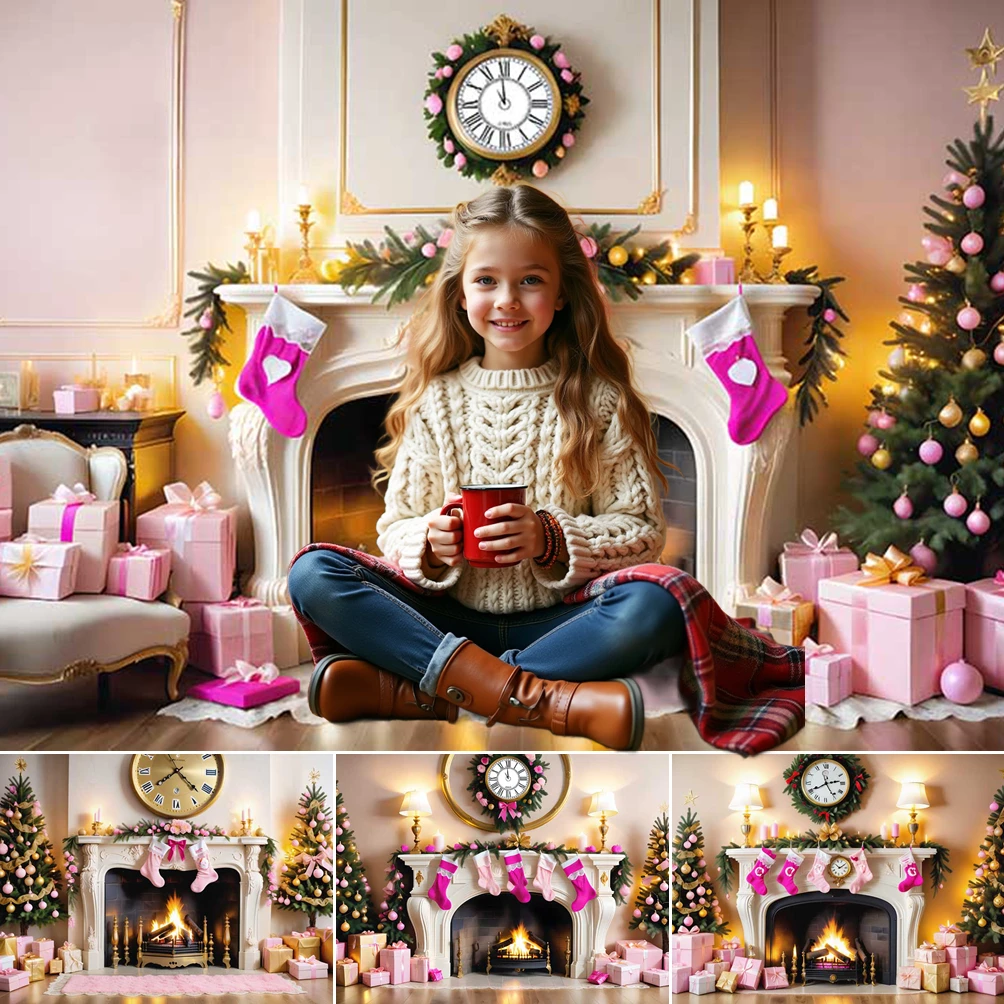 

MOON.QG Christmas Decoration Backgrounds For Photographs Fireplace Clock Pink Sock Backdrops Party Shooting Studio Photocall