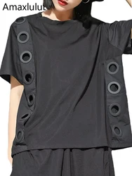 Amax luluE Fashion Luxury Korean Ladies Black Crop Tops Women Casual Summer T-shirts Patchwork Female O Neck Harajuku Tee Shirts