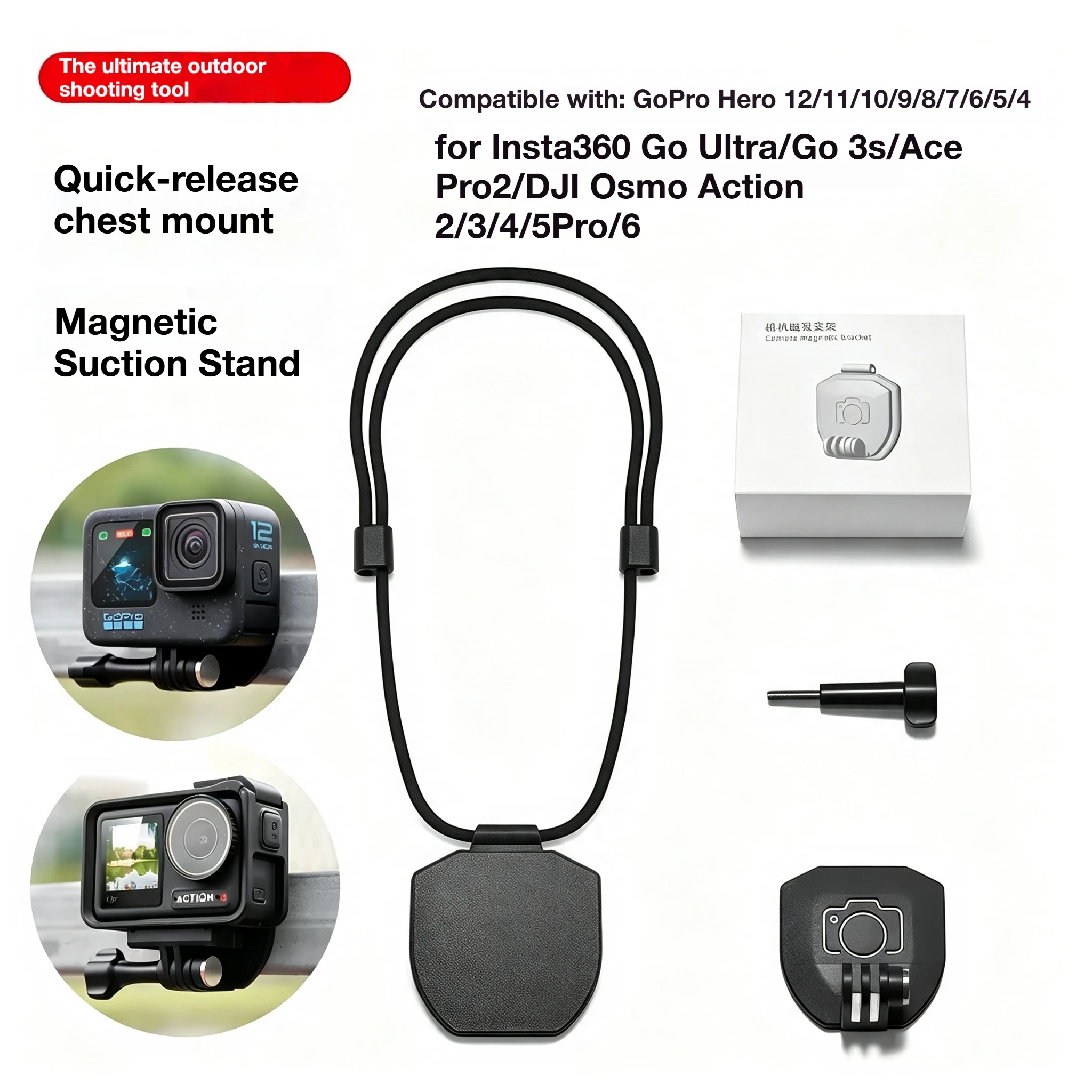 Magnetic Mount Bracket Adapter with Lanyard for Insta360 Go Ultra/X6 X5 X4/DJI Osmo 360 II /Action 6 5 Pro 4/Phone/Gopro Hero 13
