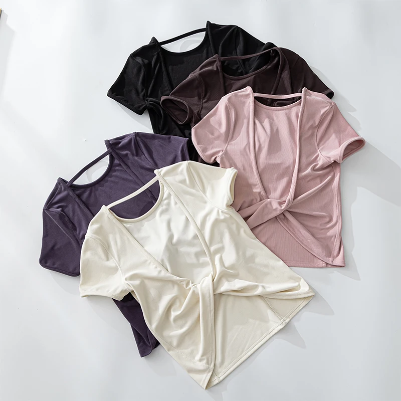 

Woman Gym Yoga Clothes Pilates Fitness Wear With Sleeves Workout Tops Sports Backless Running Shirt Sportswear Blouses T-shirts