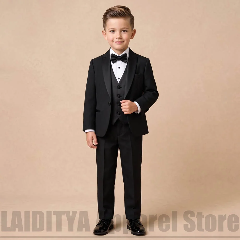 Boys Black 3 Piece Suit One Button Blazer Waistcoat Pants Kids Wear Wedding Ring Bearer Outfit Birthday Party Formal Tuxedo