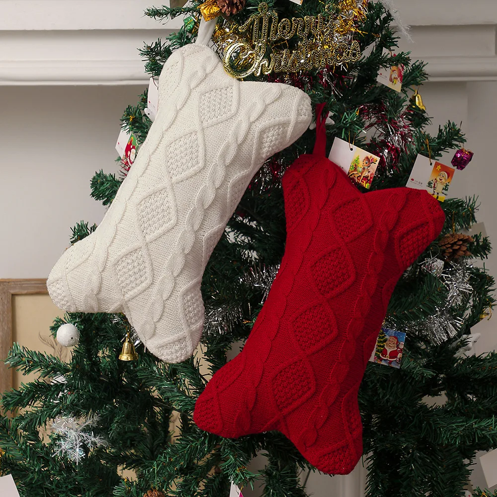 Cute Knit Christmas Stocking Bone Shape Dog Stocking Hanging Christmas Tree Decorat Gift Bag for Home Festive Holiday Decor 1PC