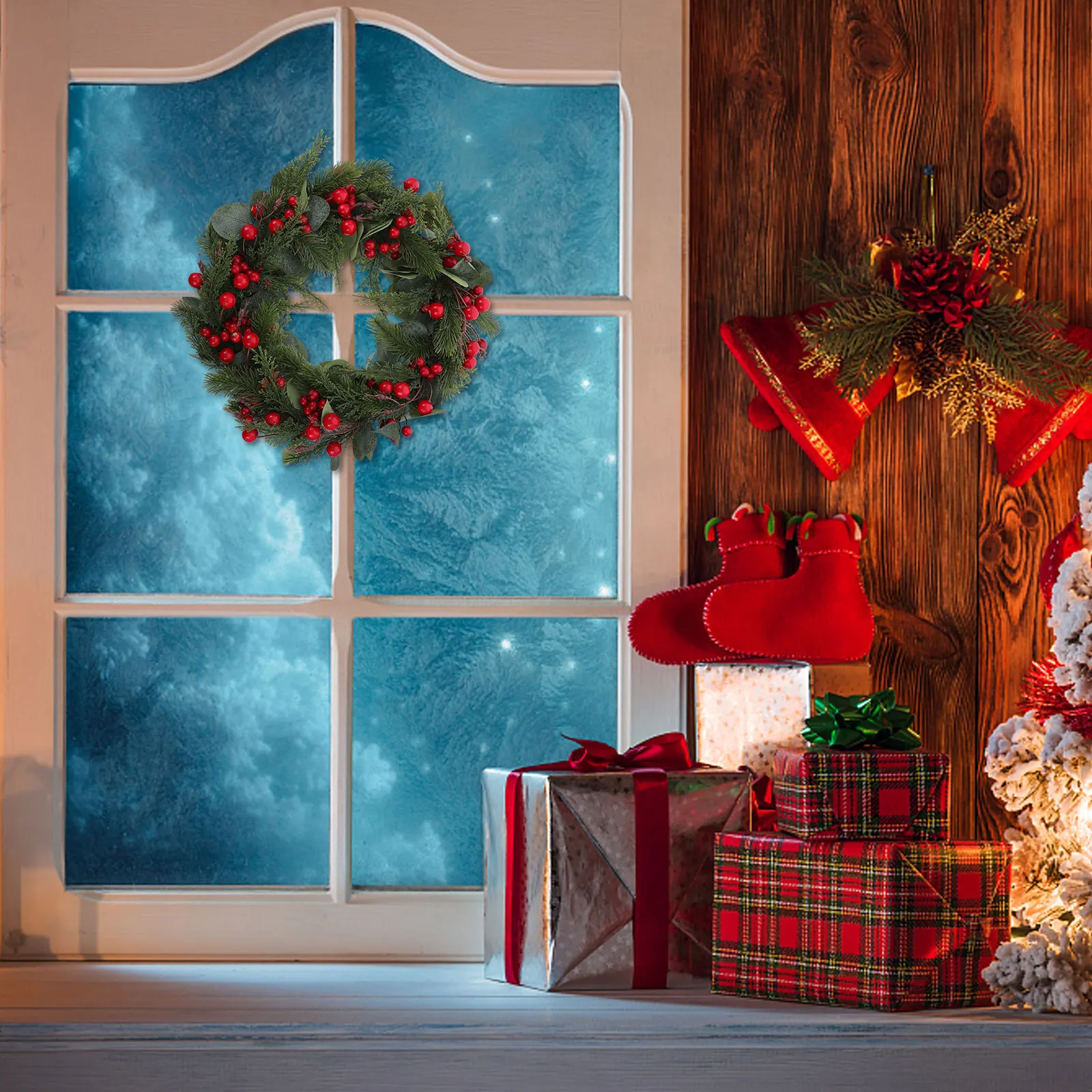 

Christmas Red Berry Leaf Wreath Premium Artificial Hanging Decor Wall Door Xmas Garland Pendant Festival Holiday Decoration For