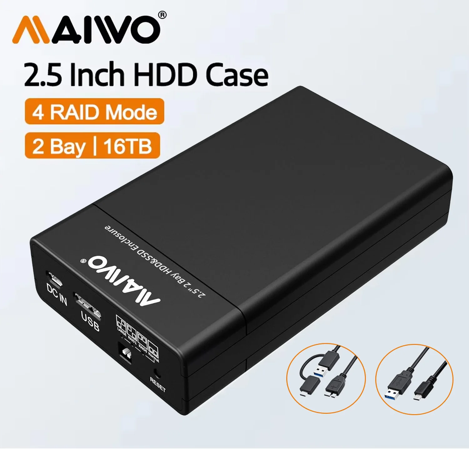 MAIWO Dual-Bay 2,5" SATA-Festplattengehäuse USB3.0 Typ-C Gen2 2,5-Zoll-SSD-HDD-Externes Array-Gehäuse Unterstützt 16 TB 4 RAID-Modi