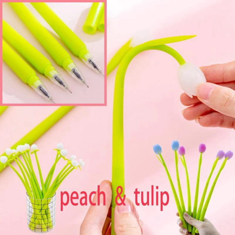 Stylos gel créatifs en silicone pour plantes et tulipes, stylos signature pêche, 3 stylos gel + 20 pilules quotidiennes, 0,38mm