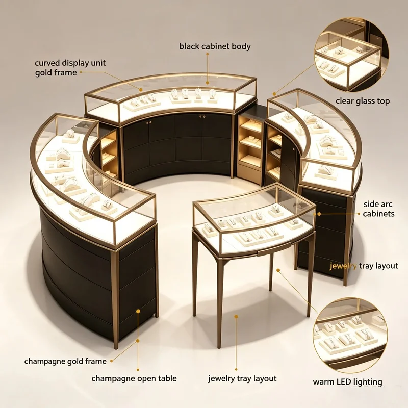 custom.Curved Jewelry Showcase Set Champagne Gold Metal Frame Tempered Glass Top Black Storage Base LED Light Complete Jewellery