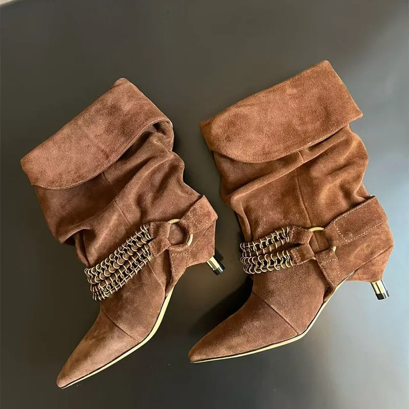 Ins Style Fashion Metal Chain Faux Suede Women Mid-calf Boots Autumn Winter Pleated Slip-on High Heels Casual Booties Shoes