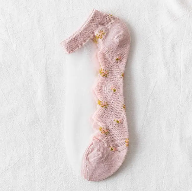 5 Pairs/Lot Summer Short Sock Ultra-Thin Flower Glass Silk Fashion Ladies Socks Lace Boat Socks Low Transparent Invisible Socks