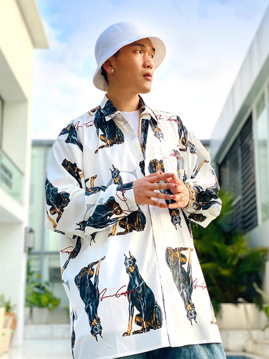 ACUSA Dog A-Line Loose Fit Long Sleeve Printed Men's Shirt Casual Style Polyester Fabric Spring Autumn Unisex Fashion
