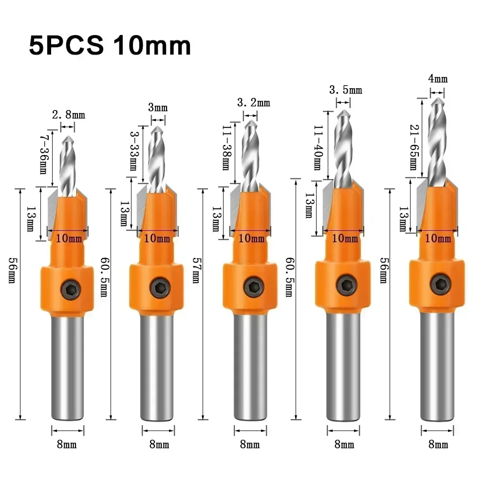 5Pcs HSS Woodworking Counter Sink Drill Bits Set 8mm 10mm Step Drill Countersink Router Bit Screw Extractor Woodworking Tool