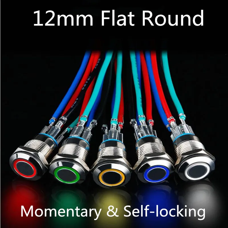 12mm Metal Annular Push Button Switch 1NO Ring LED 3V 6V 9V 12V 24V 220V Self-lock Momentary Waterproof Car Auto Engine