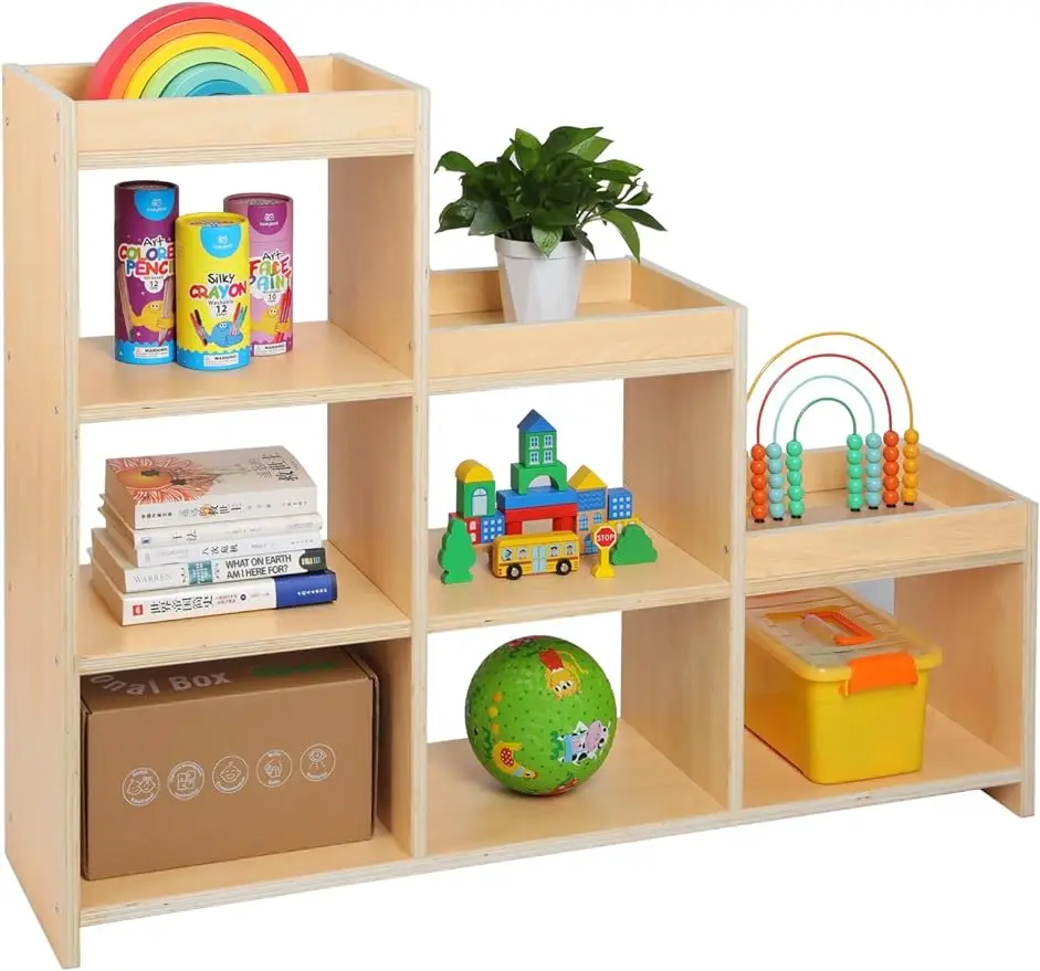 Armoire de Rangement à 9 Étagères, Bibliothèque d'Angle à Échelle à 6 Étages, Présentoir en Bois à 4 Niveaux, Meubles Naturels pour Enfants