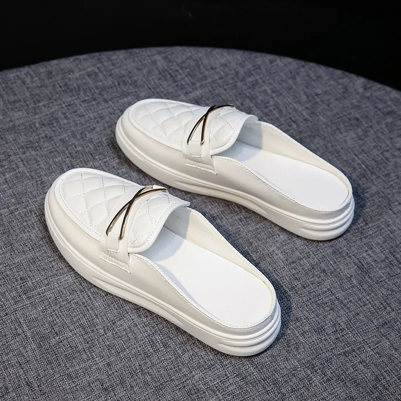 Women's Mules Shoes White Sandals Comfortable Fashion Designer Slipper Flat Leather Summer New 2024 Luxury Slippers for Women