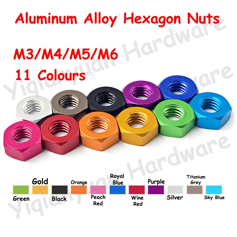 Yiqianyuan 10Pcs Hexagon Lock Nuts, Aluminum Alloy, Multicolor Hex Nuts, M3, M4, M5, M6, 11Colors, Fit for FPV RC Car, DIN934