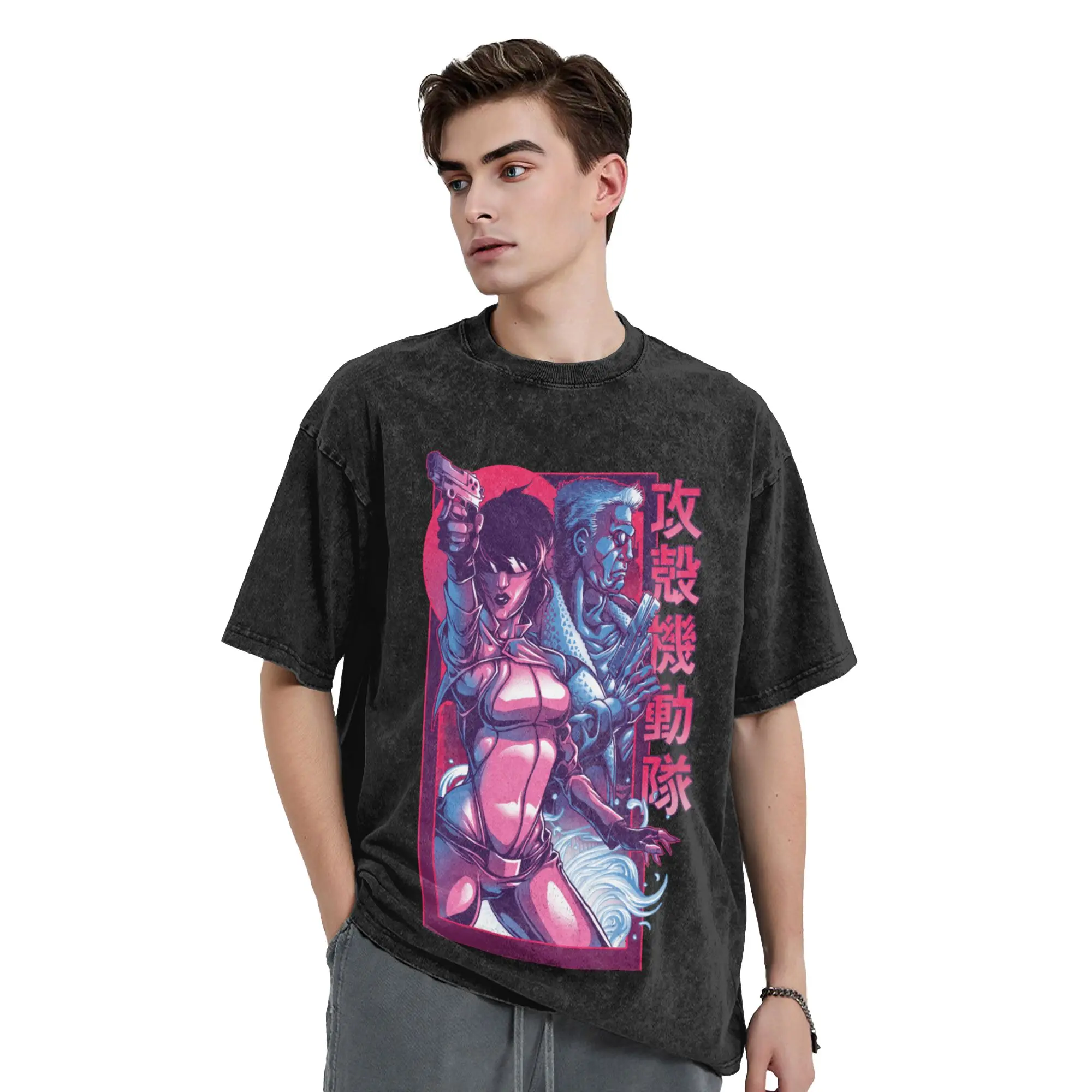 Harajuku Ghost in The Shell Vintage Washed T Shirt Men's O-neck Short Sleeve Top Tee  Cotton Summer Tops Shirts
