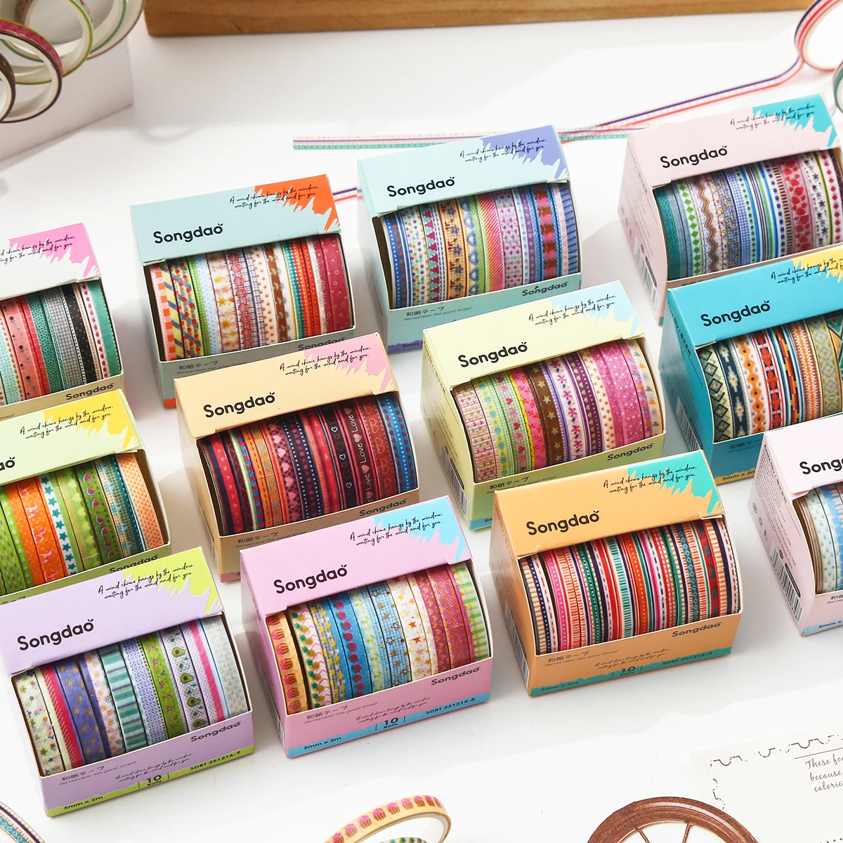 10 Rolls Retro Striped Washi Tape Set Handmade Scrapbooking Supplies Masking Decorative Tape DIY Journal Materials for Students
