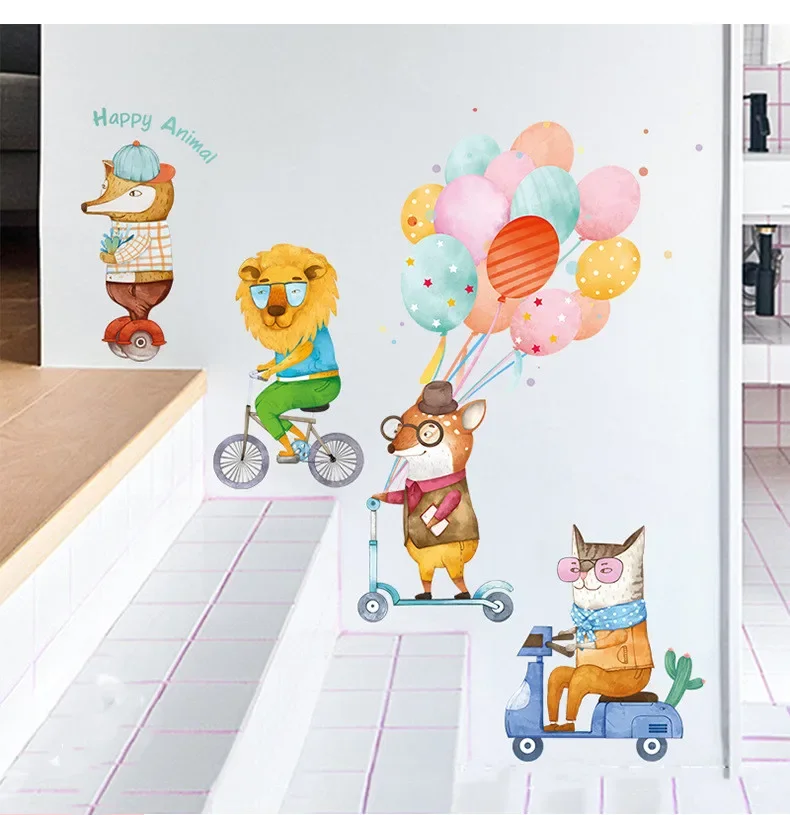 2025 1PC Large Cartoon Animals Wall Decor Happy Lion Fox Riding Wall Stickers Colorful Balloon For Kids Room Home Decor Funn