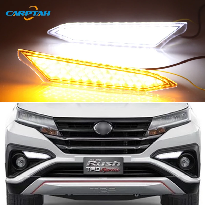 Car LED DRL 12V Daylights For Toyota Rush 2018 2019 Yellow Turn Signal Daytime Running Headlamps Auto Driving Lamp Foglamps