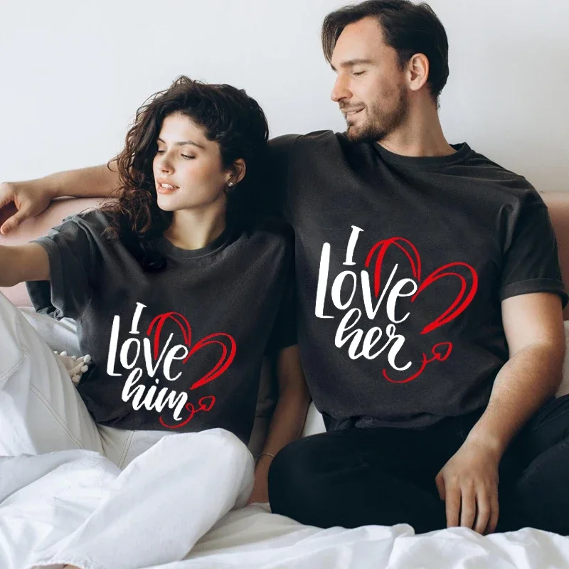 

I Love Him Her Print Tshirt Lovers Heart Graphic T Shirts Unisex Summer Short Sleeve T Shirt Harajuku Matching Couple Tee Shirt