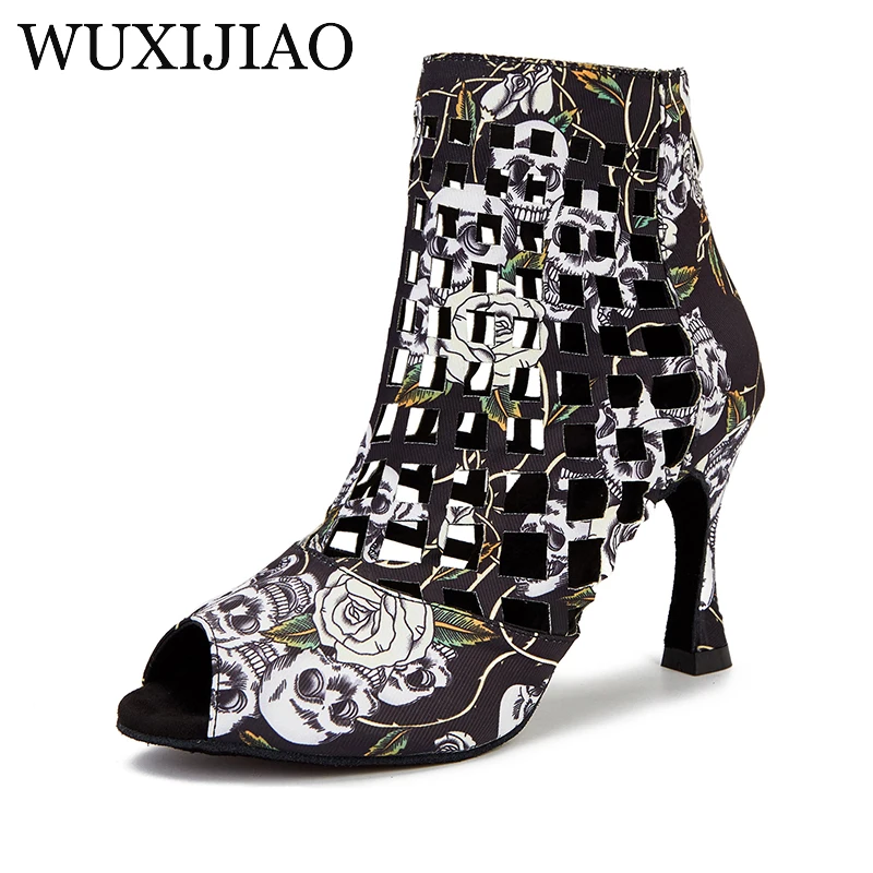 New shoe for woman cutout satin rose ankle boots prom shoes latin heel 7.5cm